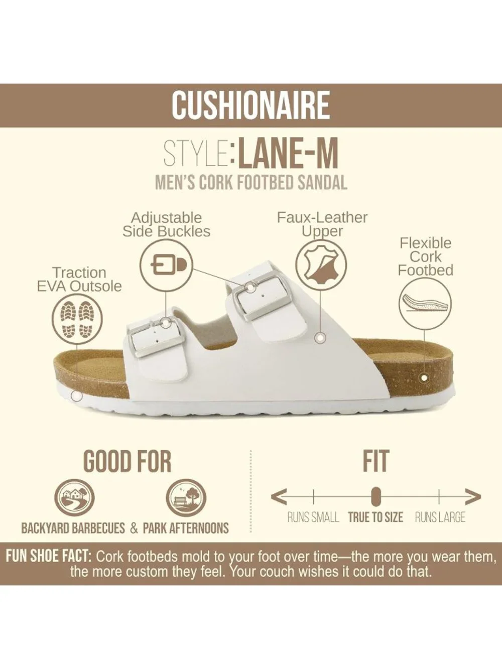 Men's White Lane Cork Footbed Sandals Adjustable Buckle Comfort Slides
